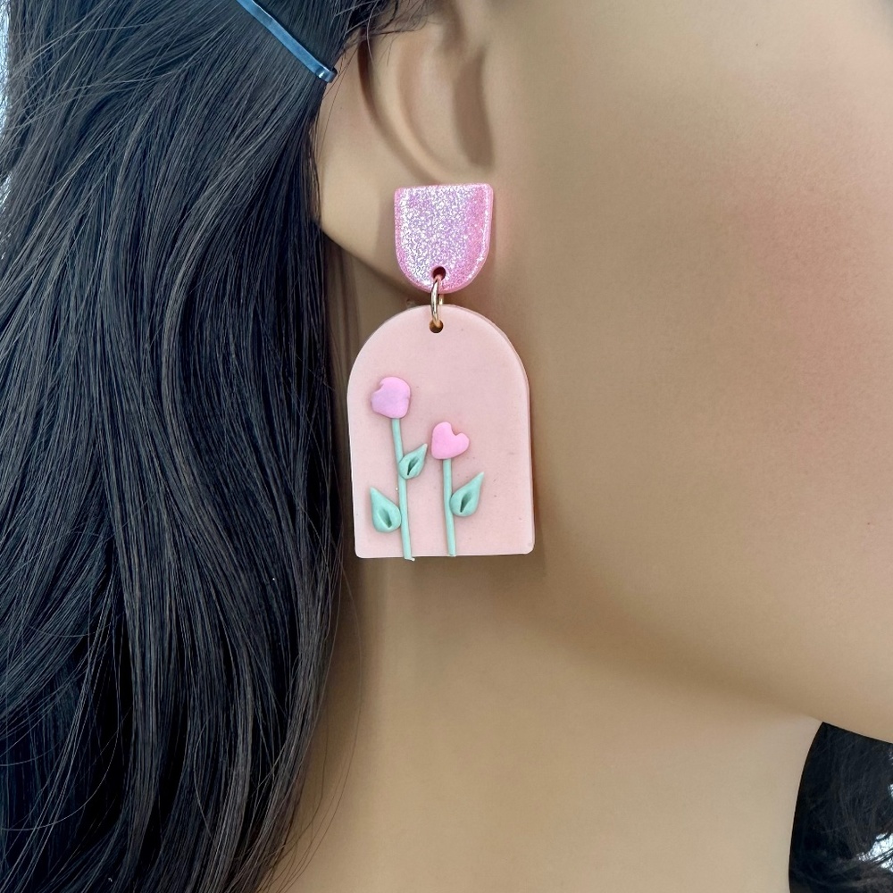 Cute 3D Pink Floral Drop Earrings